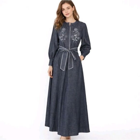 Mi Golondrina Martina Long Maxi Dress L Gray Embroidered Mexico NWT